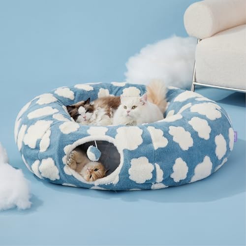 Image of Lesure Large Cat Tunnel Bed - Cute Donut Bed for Indoor Cats with Washable Circle Cushion, Round Pet Peekaboo Cave Toy for Multi Kitten /Puppy /Rabbit, Large Cozy Clouds Blue