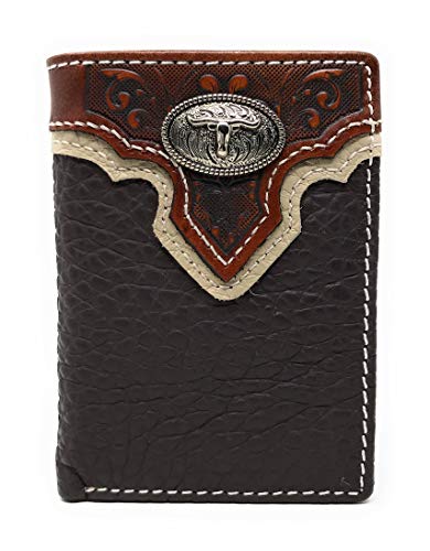 Western Tooled Genuine Leather Longhorn Men's Short Trifold Wallet in 2 Color (Coffee)