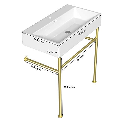 Console Sink with Gold Legs, Logmey 30 Inch Ceramic Basin Logmey Glossy White Rectangle Porcelain Freestanding Bathroom Sink With Tower Bar And Chrome Finishi Overflow,Pedestal Bathroom Sink