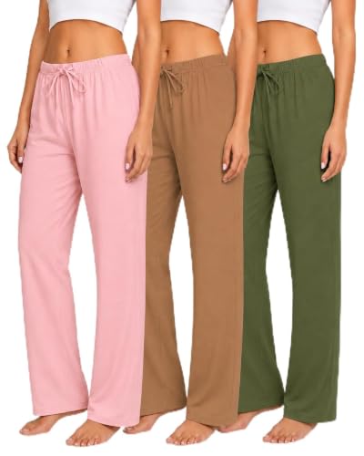 Image of Veseacky Women 100% Cotton Pajama Bottoms Comfy Soft Lounge Sleep Pants Drawstring Sleepwear 3 Pack S-XXL