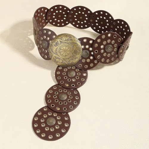 Western Belt for Women Wide Hollow Leather Disc Belt with Metal Buckle Style Cowgirl Waist Belt for Dresses Skirt3