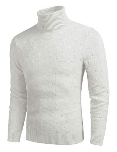 COOFANDY Men's Slim Fit Turtleneck Sweater Casual Knitted Christmas Pullover Sweater (White, X-Large)
