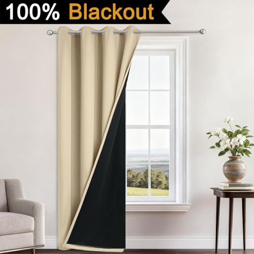 Image of Yakamok Beige Blackout Curtains 96 Inches Long for Bedroom 52 inch Wide 1 Panel | Blackout Curtain Panels for Bedroom, 2 Thick Layers Grommet Top Thermal Insulated Drapes with Black Liner for Living Room