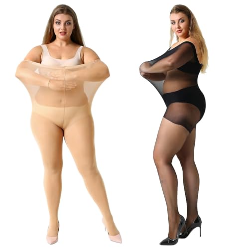 MANZI Women's 2 Pairs Plus Size Control Top Tights Ultra-Soft Panty Hose XX-Large 1 Pair Black, 1 Pair Natural Nude (20den Sheer)