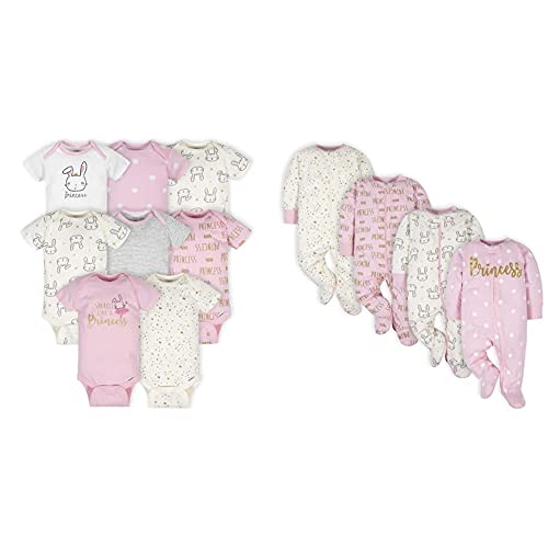 Image of Gerber Baby Girls' 8-pack Short Sleeve Onesies and 4-Pack Sleep 'N Play Clothing Bundle, Princess, 0-3M
