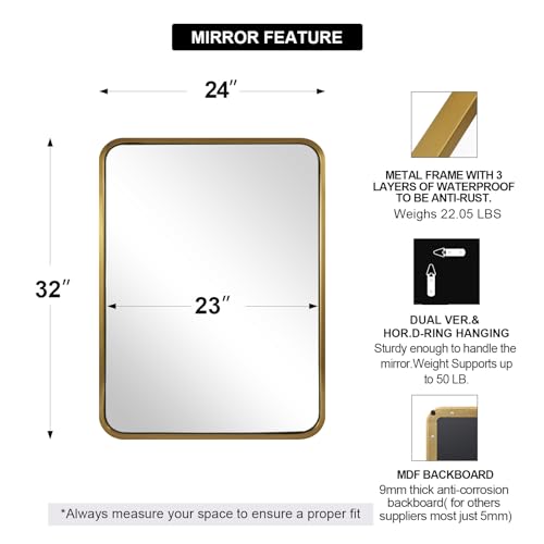 Image of ANDY STAR 24x32 INCH Gold Bathroom Mirror, Brushed Brass Mirror, Rounded Rectangle Mirrors, Anti-Rust SUS304, Tube Metal Framed, 1'' Deep Wall Mounted Vertically /Horizontal