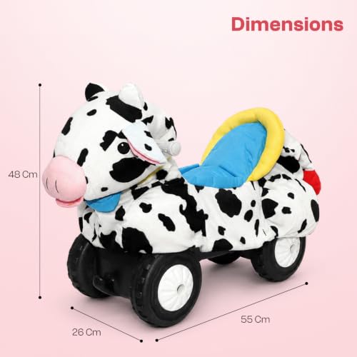 Image of Toyzone Little Soft Cow Ride on | Cloth-Covered Ride On Toy with Wheels | Back Support | Indoor & Outdoor Ride-On for Toddlers 1-4 Years