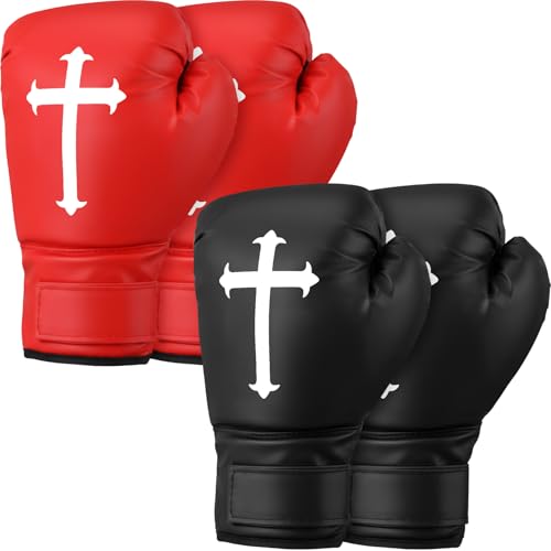 JolliLudo 2 Pairs 12 oz Christian Boxing Gloves Party Decorations red Black Prop Boxing Mitts Cross Religious for Birthday Fight Night Lightweight Mitts for Men & Women Training Practice