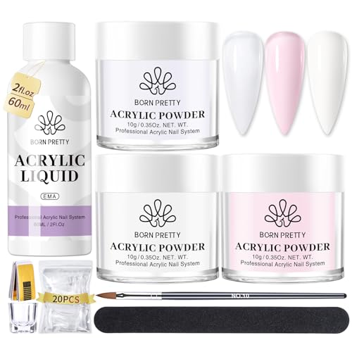 BORN PRETTY Acrylic Nail Kit - Acrylic Powder (Clear, White, Pink) & Liquid Set with Nail Forms, Brush Pen, File & Glass Container - Beginner Friendly