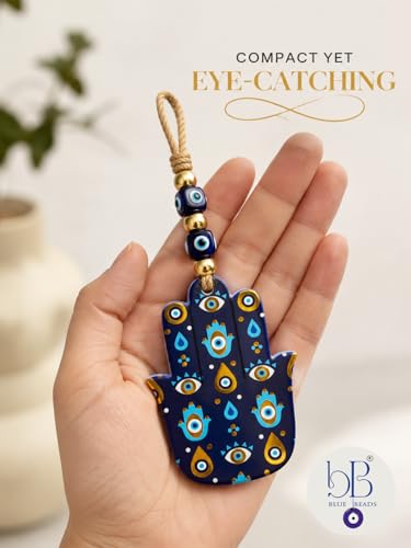 Image of Evil Eye Hamsa Hand Hanging for Home Decor, Nazar Battu Protection Wall Hanging, Hamsa Hand Ornament with Evil Eye Beads, Entrance Door Decor, Housewarming Gift, Office Decoration