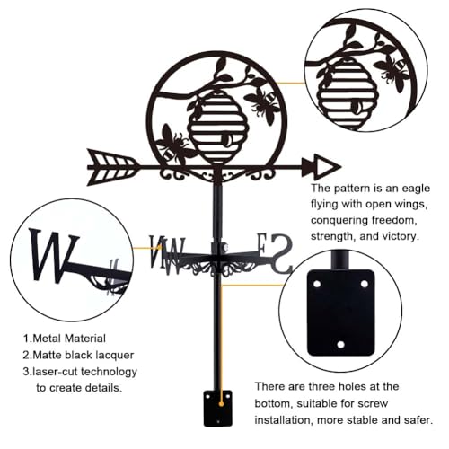 SUPERDANT Bee Weather Vane for Roof Beehives Metal Weathervanes Black Wind Direction Indicators Wind Vanes Signs for Farmhouse Yard Outdoor Farm Barn Sheds Garden Patio Decoration - Image 3