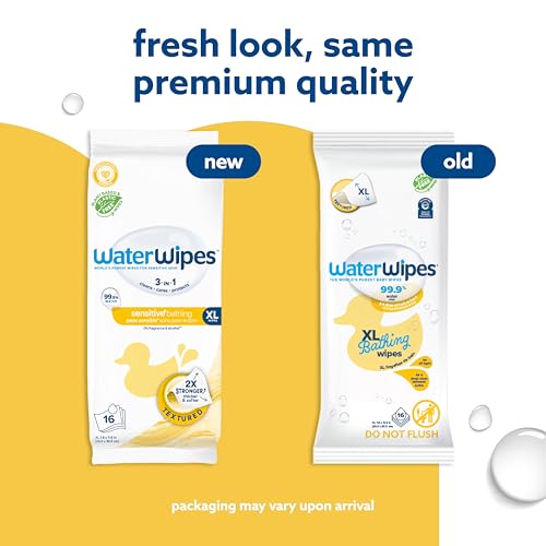 Image of WaterWipes Sensitive+ Bathing Wipes, 3-In-1 Cleans, Cares, Protects, 99.9% Water, Unscented & Hypoallergenic, 16 Count (Pack of 6)