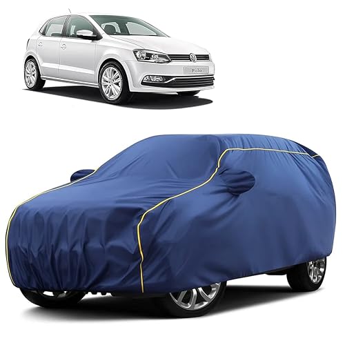 Image of Sulfar 100% Water Resistant Car Body Cover Compatible with Mirror for Volkswagen Polo (Triple Stitched, Full Bottom Elastic, Blue Taffeta with Yellow Piping)