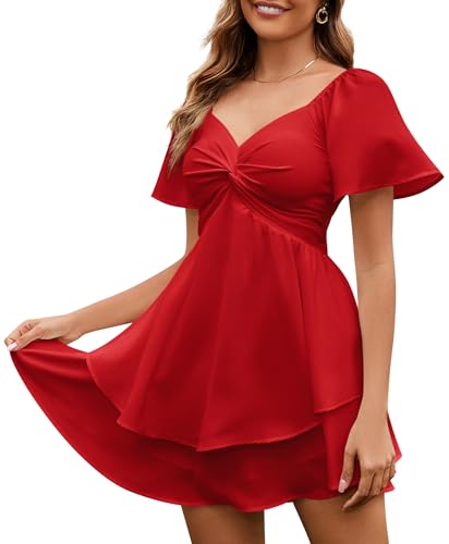 Image of Florboom Women's Sweetheart Knot Front Dress Smocked Back Short Sleeve Layered Boho Chiffon Mini Dresses