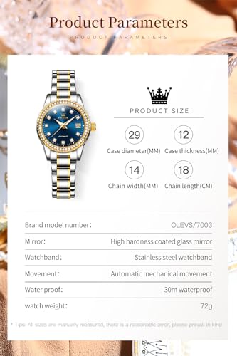 Image of OLEVS Womens Diamond Watches Automatic Mechanical Gold Luxury Dress Ladies Self Winding Original Stainless Steel Wrist Watch