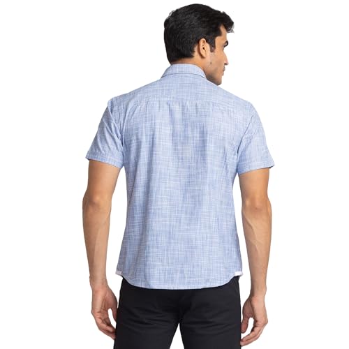 Image of Park Avenue Men's Pure Cotton Chambray Pattern Slim Fit Ainsley Collar Half Sleeve Casual Shirt