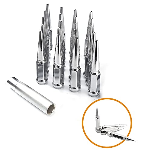 Image of 20PCS 4.4 inch Length 14x1.5 Chrome Wheel Spike Lug Nuts,Cone /Conical Bulge Seat,Closed End Nuts with 1 Socket Key and Gift Set 4 Pcs Chrome Aluminum Tires Valve Stem Cover Caps
