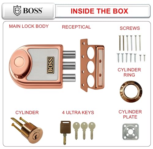 Image of B BOSS Three Dead Bolt Rim Lock with 4 High Security 14 Pin Ultra Keys Universal for Left /Right Handed Inside Opening Office or Home Main Door 15 Years Manufactuing Warranty (Rose Gold)