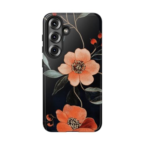 Motif floral brodé orange sur cette coque rigide brillante idéale pour sublimer votre Galaxy S25