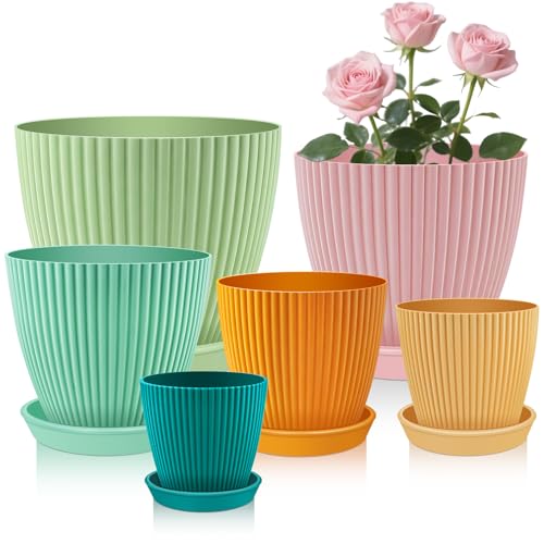 SupKing Plant Pots with Drainage Saucers 7.5/6.7/6/5/4/3.5 Inch Set of 6,Plastic Flower Pots Planters with Multi Mesh Drainage Holes Multicolor Nursery Planting Pot for Indoor Outdoor Garden Plants
