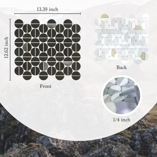 Unique Round Design Calacatta White Marble Inlay Aluminum Mosaic Wall Tiles 5 Sheets for Outdoor Bathroom Villa Decoration Wall 5.36 sq. ft (Black+ Aluminum)