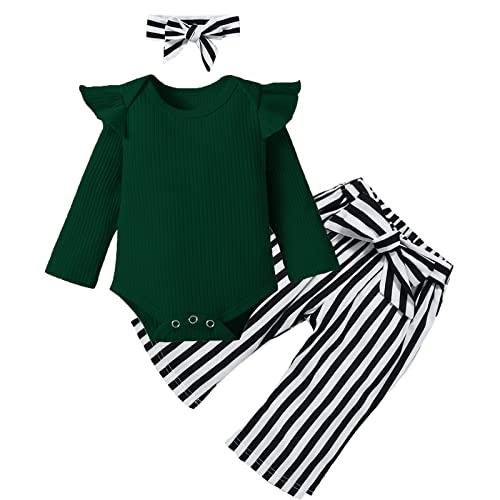 Image of DREAM BUS Newborn Toddler Baby Girl Outfits Romper Ribbed Knitted Long Sleeve Cotton Striped Pants Green,3-6 Months