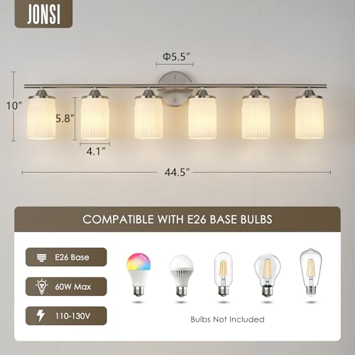 Image of Jonsi Nickel Bathroom Light Fixtures 6-Light Vanity Lights Modern Wall Sconce with Milk White Shade Brushed Nickel Bathroom Light Fixture Over Mirror for Bedroom Hallway Kitchen