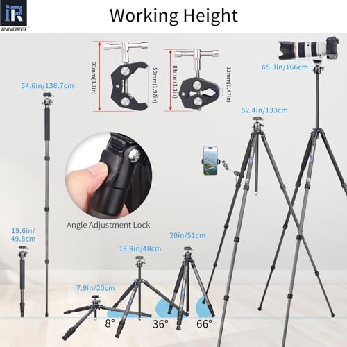 Image of Innorel Carbon Fiber Tripod P254C 62.5 inch Compact Lightweight Tripod & Monopod For Dslr Camera Stand Support With Low Gravity Center Ball Head Special-Shaped Center Column Max Load 26.5 Lbs 12 Kg