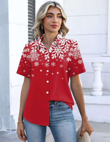Image of Christmas Outfits for Women Button Down Shirts Short Sleeve Tops Cute Shirt