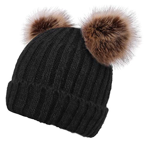 Image of YoungLove Women's Faux Fur Pompom Mickey Ears Cable Knit Winter Beanie Hat