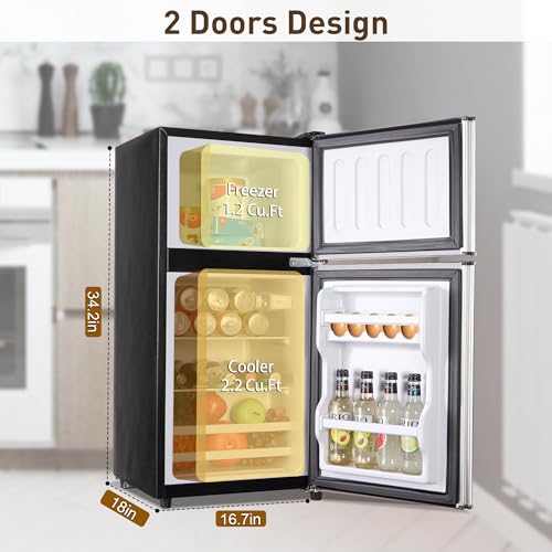 Image of Mini Refrigerator with Freezer 3.4 Cu. Ft. 2-Door Small Fridge Adjustable Thermostat & Shelves, Compact Fridge with Freezr for Dorm, Office, Apartment, 7-Level Temp Small Refrigerator, Black