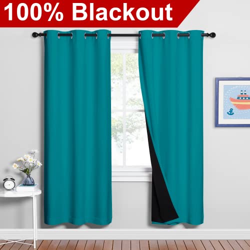 Image of NICETOWN 100% Blackout Window Curtain Panels, Full Light Blocking Drapes with Black Liner for Nursery, 72-inch Drop Thermal Insulated Draperies (Peacock Teal, 2 Pieces, 42-inch Wide Per Panel)