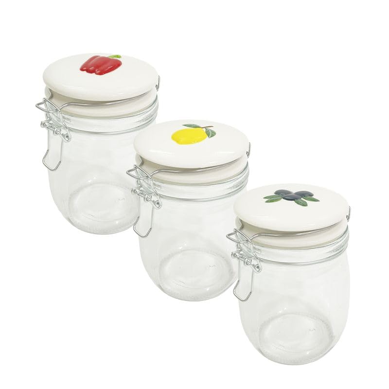 ROCKING GIFTS Set de x3 Bote de Cristal Transparente para Cocina Capacidad 800ML Tapas de Cerámica Coloridas Recipiente Hermético Accesorios de Cocina