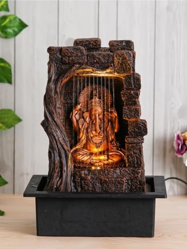 Image of UAG EXPORTS Ganesha Tabletop Waterfall Fountain | Front-Curtain Design | Polyresin Indoor Fountain with Warm LED Lights & Adjustable Pump | Home Decor Showpiece for Home, Living Room & Office - Copper