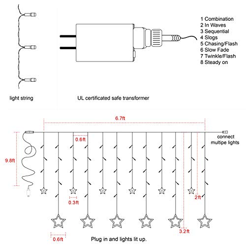 Twinkle Star 12 Stars 138 LED Curtain String Lights, Window Curtain Lights with 8 Flashing Modes Ramadan Decoration for Christmas, Wedding, Party, Home Decorations,Warm White