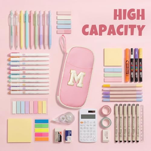 Image of SUNEE Cute Pencil Case, Kawaii Big Capacity Pencil Pouch, Personalized Initial Pencil Bag with Zipper, Stationery Storage and Organizer, Back to School Supplies, Pen Box for Girls & Boys, Teen, M-Pink