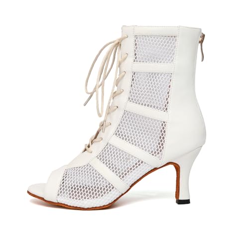 Image of AOQUNFS Women Ballroom Dance Shoes Lace-up Open Toe Ankle Boots Salsa Latin Dance Heels
