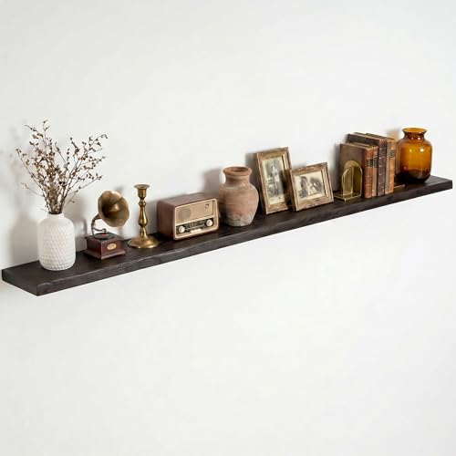 Image of Dreamland 72 Inch Floating Shelves for Wall, Solid Elm Wood Live Edge Wall Shelves for Living Room, Bedroom, Kitchen, Bathroom, Wall Mounted Long Floating Shelf Set of 1, Walnut