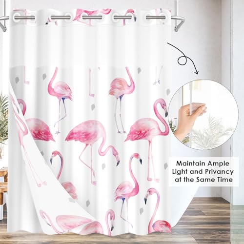 Culudea NCM24040905-DLBYL-7174 No Hook Pink Flamingos Shower Curtain With Snap In Liner Grey Polka Dots Tropical Bath Curtain Bathroom Set thumb #2