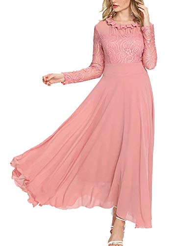 Aofur Women's Long Sleeve Chiffon Maxi Dresses Casual Floral Lace Evening Cocktail Party Long Dress (Medium, Light Pink)