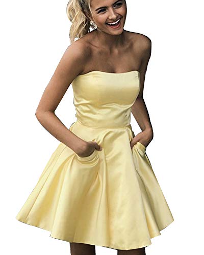 Stylefun Women's Strapless Homecoming Dresses for Teens Simple Short Cocktail Gowns with Pockets 2021 Yellow