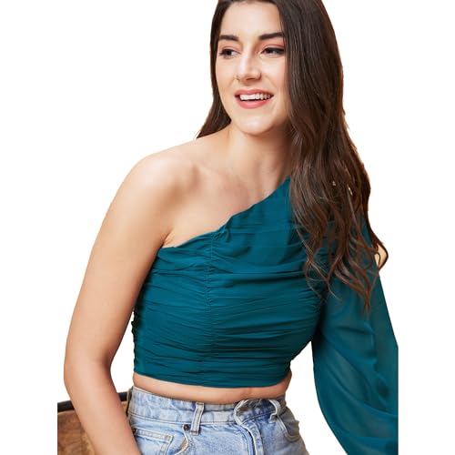 Image of Globus Women Green Solid One Shoulder Pleated Party Crop Top-3638515002