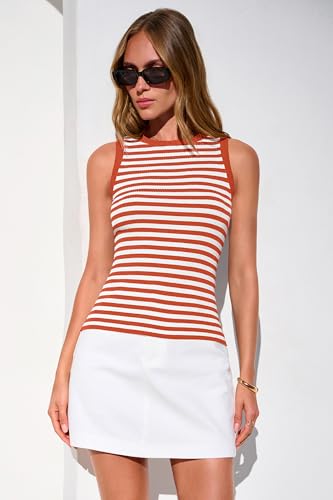 Image of PRETTYGARDEN Summer High Neck Striped Tank Tops for Women Casual Sleeveless Sweaters Basic Ribbed Knit Slim Fitted Shirts