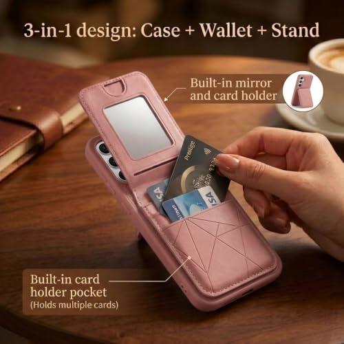 Image of amazon basics Premium Vegan Leather Back Cover with Card Holder and Integrated Mobile Stand for Samsung Galaxy S25FE 5G - Slim Shockproof Wallet Case with Geometric Stitching [Pink]