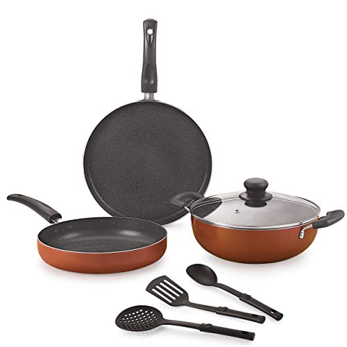 Image of Nirlon Brownie Granite 7-Piece Aluminium Non Stick Cookware Gift Set with Glass Lid & 3 Spoon Brown (Compatible with All Gas & stovetops Only)