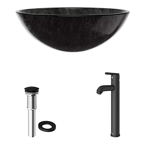 Vigo Gray Onyx Glass Vessel Bathroom Sink And Seville Vessel Faucet With Pop Up, Matte Black #TOP3