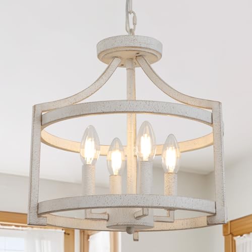 KMaiPem Bianco Lampadario Camera da Letto Classico, 4 Luci Shabby Chic Vintage Lampadario a Sospensione Soggiorno, Francese Fattoria Rustico Lampadari Moderni Convertibile Plafoniera Cucina