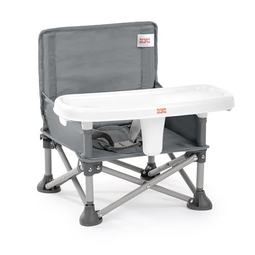 Image of Bright Starts Pop 'N Sit Portable Booster, Indoor/Outdoor Use, Floor Seat with Feeding Tray, Grey, 6 Mos - 3 Yrs