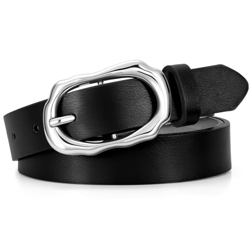 SANSTHS Womens Waist Belt with Unique Silver Irregular Buckle for Jeans Pants Dresses, Trendy Belt for Ladies