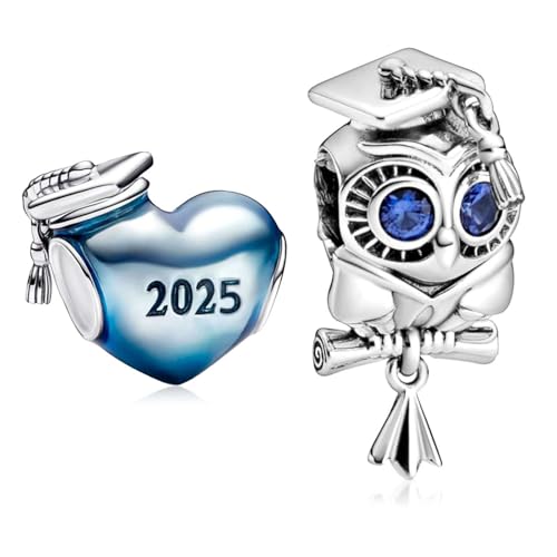 Abalorio de plata de ley 925 con corazón búho graduación azul 2025 mujer